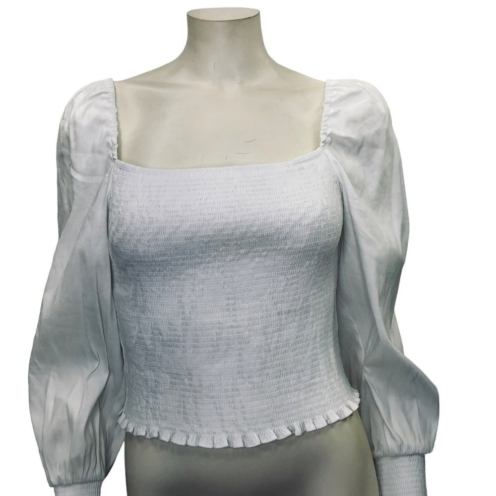 GIANNI BINI Angel Woven Square Neck Long Sleeve LINEN BLEND blouse L NWT